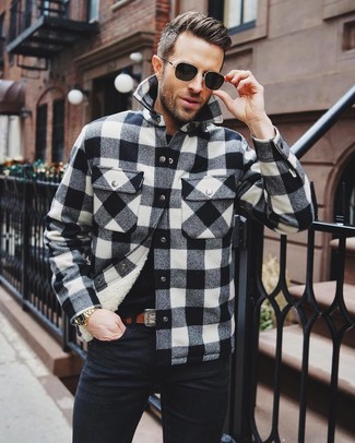 Black and White Check Shirt Jacket Outfits For Men: 
