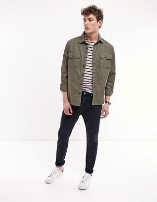 Men's White Leather Low Top Sneakers, Black Jeans, White and Black Horizontal Striped Crew-neck T-shirt, Olive Shirt Jacket
