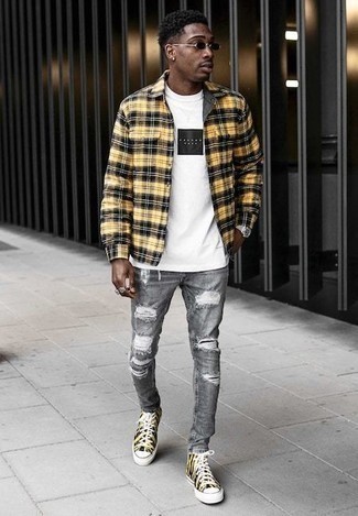 Men's Black Print Canvas High Top Sneakers, Grey Ripped Jeans, White and Black Print Crew-neck T-shirt, Yellow Plaid Shirt Jacket
