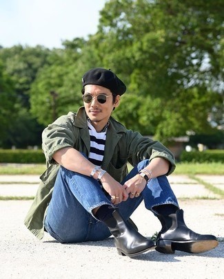 Men's Black Leather Chelsea Boots, Blue Jeans, White and Black Horizontal Striped Crew-neck T-shirt, Olive Shirt Jacket