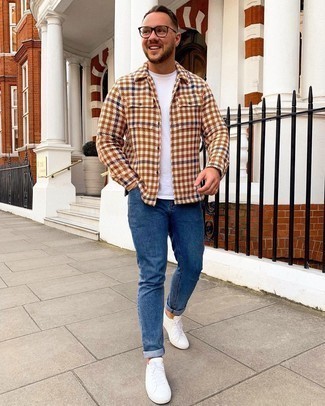 Brown Check Shirt Jacket Outfits For Men: 