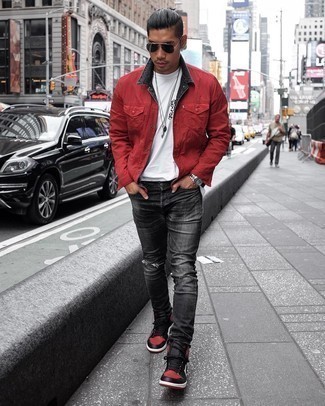 Red Leather High Top Sneakers Outfits For Men: 
