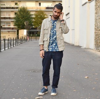 Beige Linen Shirt Jacket Outfits For Men: 