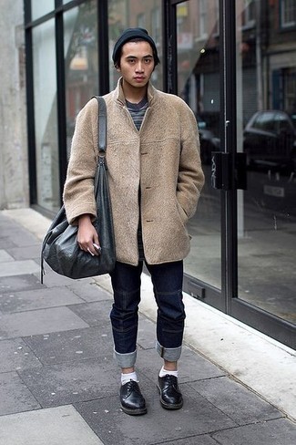 Beige Wool Shirt Jacket Outfits For Men: 