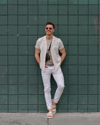 White Vertical Striped Short Sleeve Shirt Outfits For Men: 