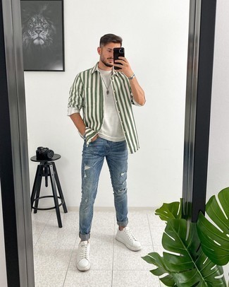 Men's White Leather Low Top Sneakers, Blue Ripped Jeans, White Crew-neck T-shirt, White and Green Vertical Striped Short Sleeve Shirt