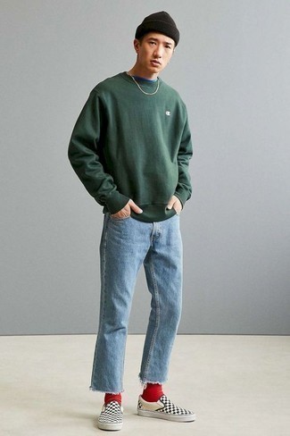 Men's Black and White Check Canvas Slip-on Sneakers, Light Blue Jeans, Blue Crew-neck T-shirt, Dark Green Sweatshirt