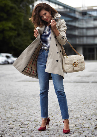 Women's Burgundy Suede Pumps, Blue Jeans, White and Black Horizontal Striped Crew-neck T-shirt, Beige Trenchcoat
