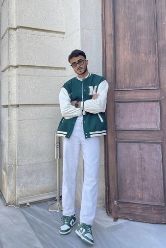 Men's White and Green Leather Low Top Sneakers, White Jeans, White Crew-neck T-shirt, Dark Green Varsity Jacket