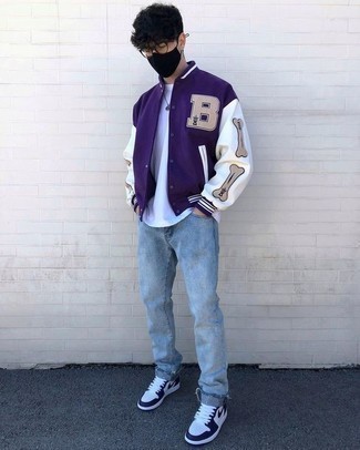 Light Violet Varsity Jacket Outfits For Men: 