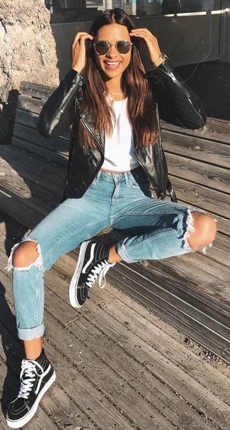Women's Black Canvas High Top Sneakers, Light Blue Ripped Jeans, White Cropped Top, Black Leather Biker Jacket