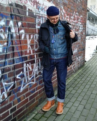 Men's Tobacco Leather Chelsea Boots, Navy Jeans, Blue Denim Jacket, Navy Field Jacket