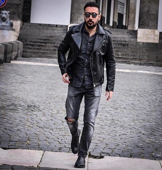 Leather Jacket with Denim Shirt Outfits For Men In Their 20s: 