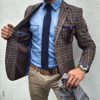 Light Blue Denim Shirt with Brown Plaid Wool Blazer Outfits For Men: 
