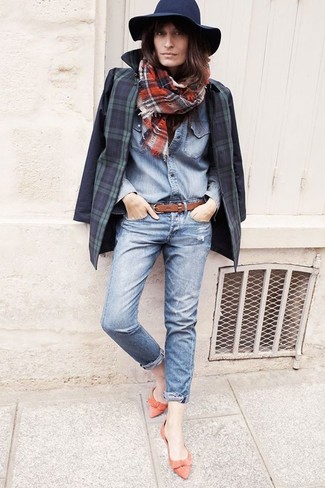 Red and Navy Plaid Scarf Outfits For Women: 