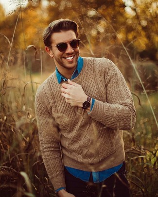 Brown Cable Sweater Outfits For Men: 