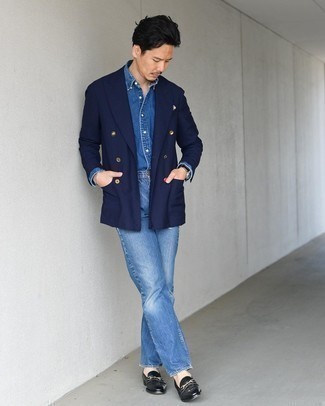 Navy Double Breasted Blazer Outfits For Men: 