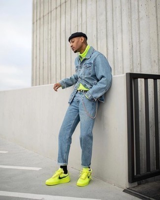 Men's Green-Yellow Canvas Low Top Sneakers, Light Blue Jeans, Light Blue Denim Shirt, Green-Yellow Turtleneck