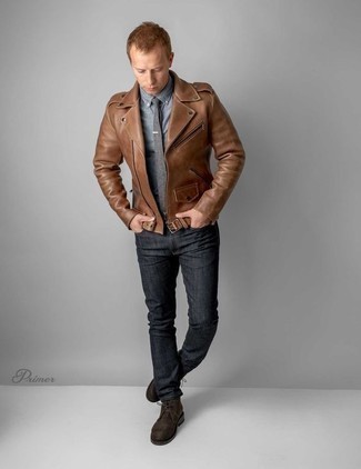 Brown Leather Biker Jacket Smart Casual Outfits For Men: 