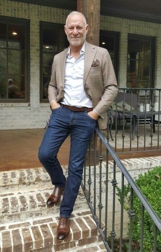 Men's Dark Brown Leather Oxford Shoes, Navy Jeans, White Dress Shirt, Multi colored Gingham Blazer