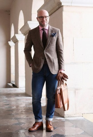 Men's Tobacco Leather Brogue Boots, Navy Jeans, White and Pink Gingham Dress Shirt, Brown Wool Blazer