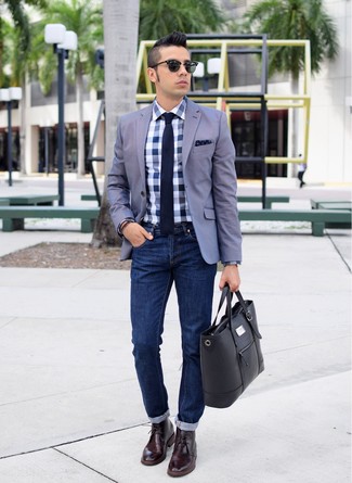 White and Blue Gingham Dress Shirt Outfits For Men: 
