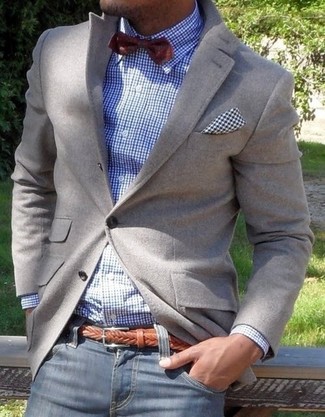 Men's Burgundy Bow-tie, Navy Jeans, White and Blue Gingham Dress Shirt, Grey Blazer