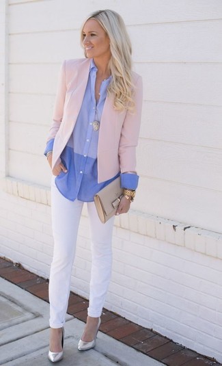 Women's Silver Leather Pumps, White Jeans, Light Blue Dress Shirt, Pink Blazer