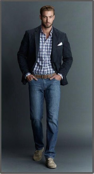 Men's Olive Suede Low Top Sneakers, Blue Jeans, White and Navy Plaid Dress Shirt, Black Blazer