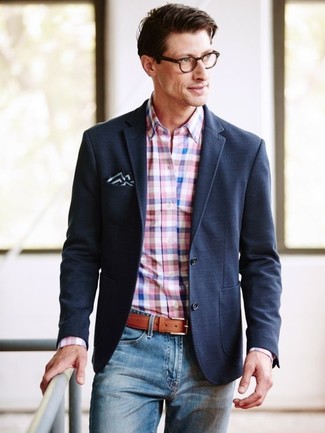 Pink Gingham Dress Shirt Outfits For Men: 