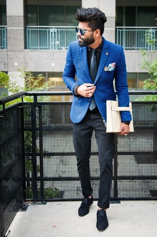 Blue Houndstooth Blazer Outfits For Men: 