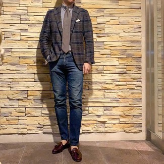 Dark Brown Plaid Blazer with Burgundy Leather Tassel Loafers Outfits: 