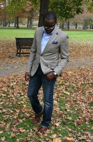 Navy Jeans with Blazer Outfits For Men: 