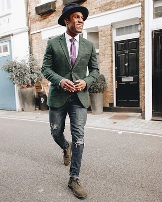 Dark Green Check Blazer Outfits For Men: 