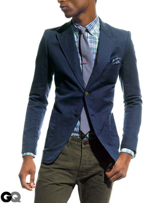 Men's Light Violet Tie, Olive Jeans, White and Blue Plaid Dress Shirt, Navy Blazer