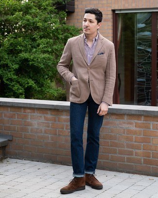 Dark Brown Knit Blazer Outfits For Men: 
