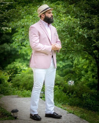 Men's Black Leather Tassel Loafers, White Jeans, White and Pink Gingham Dress Shirt, Pink Blazer