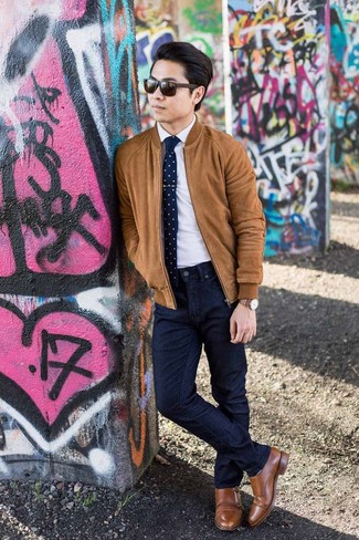 Men's Brown Leather Double Monks, Navy Jeans, White Dress Shirt, Tobacco Suede Bomber Jacket