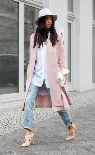 Women's Beige Suede Mules, Light Blue Ripped Jeans, White Dress Shirt, Pink Coat