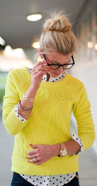 Yellow Lace Crew-neck Sweater Outfits For Women: 