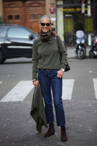 Olive Crew-neck Sweater Outfits For Women: 