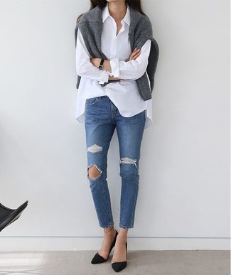 Women's Black Suede Pumps, Blue Ripped Jeans, White Dress Shirt, Grey Crew-neck Sweater