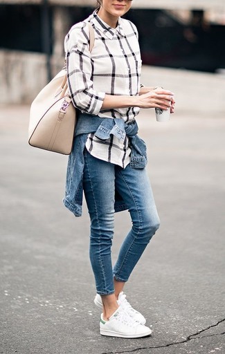White and Navy Check Dress Shirt Outfits For Women: 