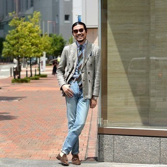 Grey Plaid Double Breasted Blazer Summer Outfits For Men: 