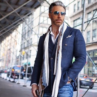 Blue Cotton Double Breasted Blazer Outfits For Men: 