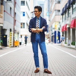 Blue Horizontal Striped Tie Outfits For Men: 