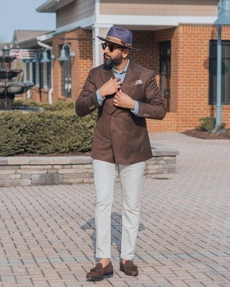 Dark Brown Double Breasted Blazer Outfits For Men After 40: 