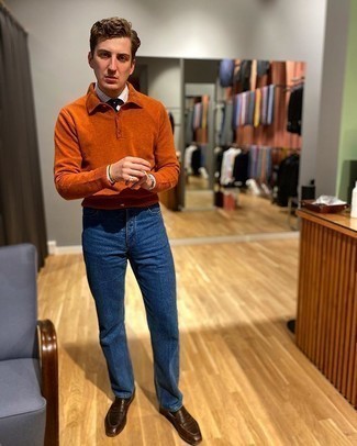 Orange Polo Neck Sweater Outfits For Men: 