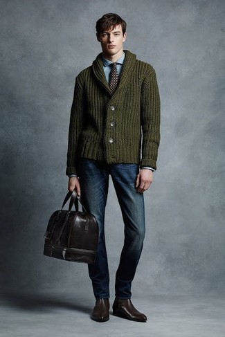 Olive Shawl Cardigan with Jeans Outfits For Men: 