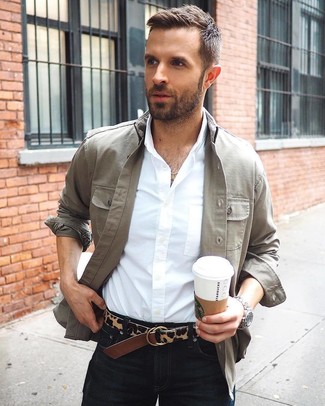 Dark Brown Leopard Leather Belt Outfits For Men: 